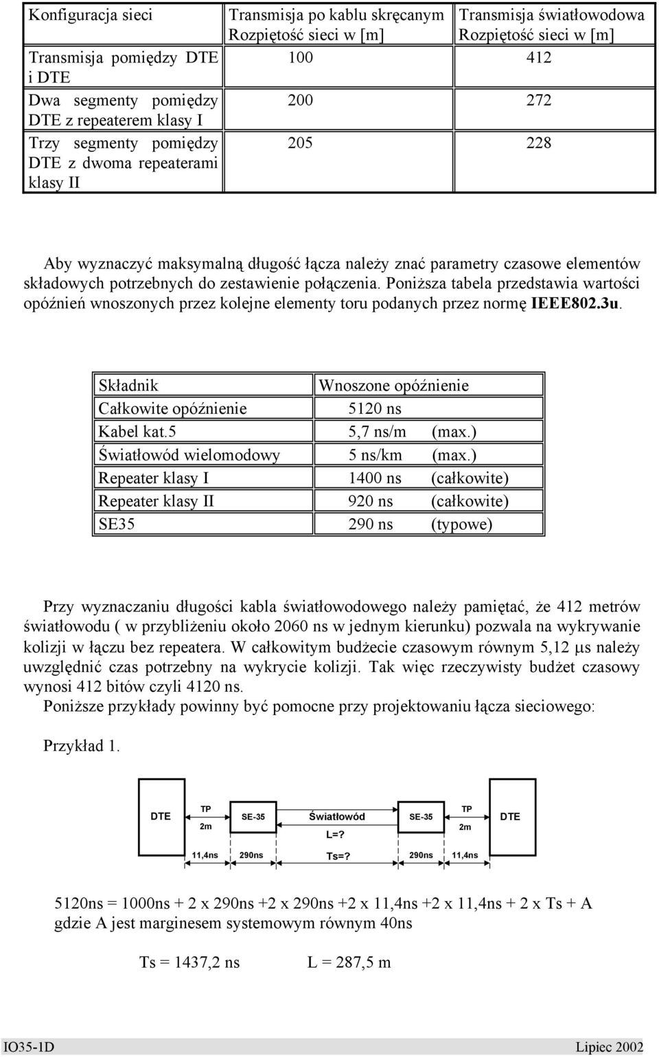 połączenia. Poniższa tabela przedstawia wartości opóźnień wnoszonych przez kolejne elementy toru podanych przez normę IEEE802.3u. Składnik Wnoszone opóźnienie Całkowite opóźnienie 5120 ns Kabel kat.