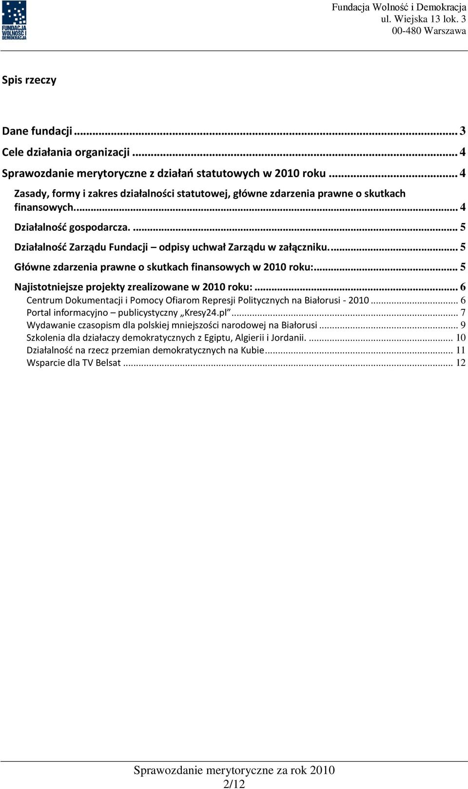 ... 5 Główne zdarzenia prawne o skutkach finansowych w 2010 roku:... 5 Najistotniejsze projekty zrealizowane w 2010 roku:.