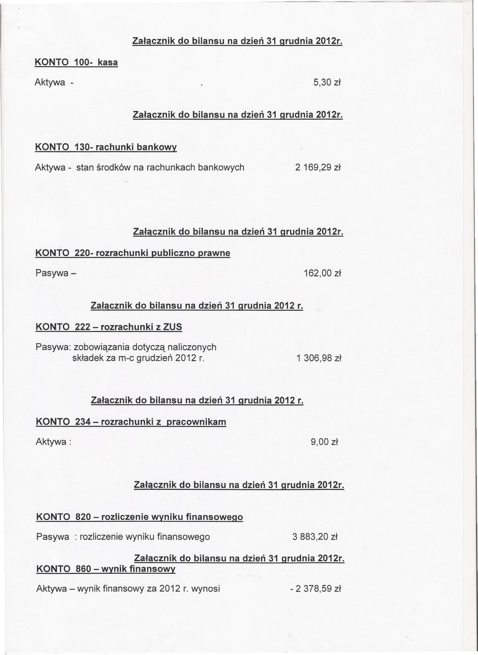 KONTO 222 - rozrachunki z ZUS Pasywa: zobowiazania dotycza naliczonych skladek za m-c grudzien 2012 r.