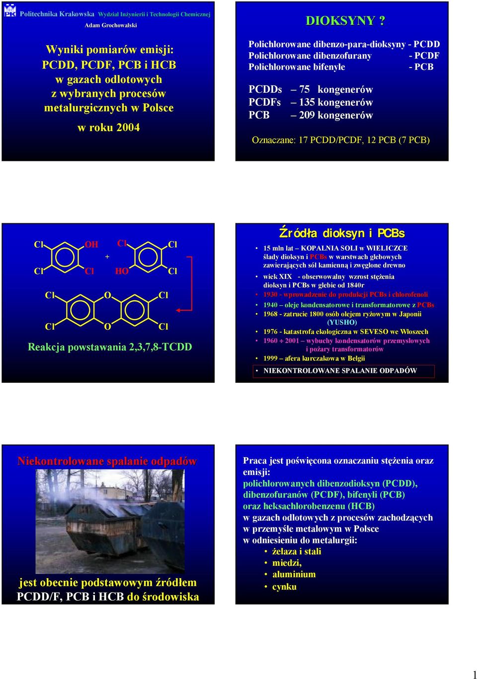 dibenzofurany -PCDF Polichlorowane bifenyle -PCB PCDDs 75 kongenerów PCDFs 135 kongenerów PCB 209 kongenerów Oznaczane: 17 PCDD/PCDF, 12 PCB (7 PCB OH + HO O O Reakcja powstawania 2,3,7,8-TCDD Źródła
