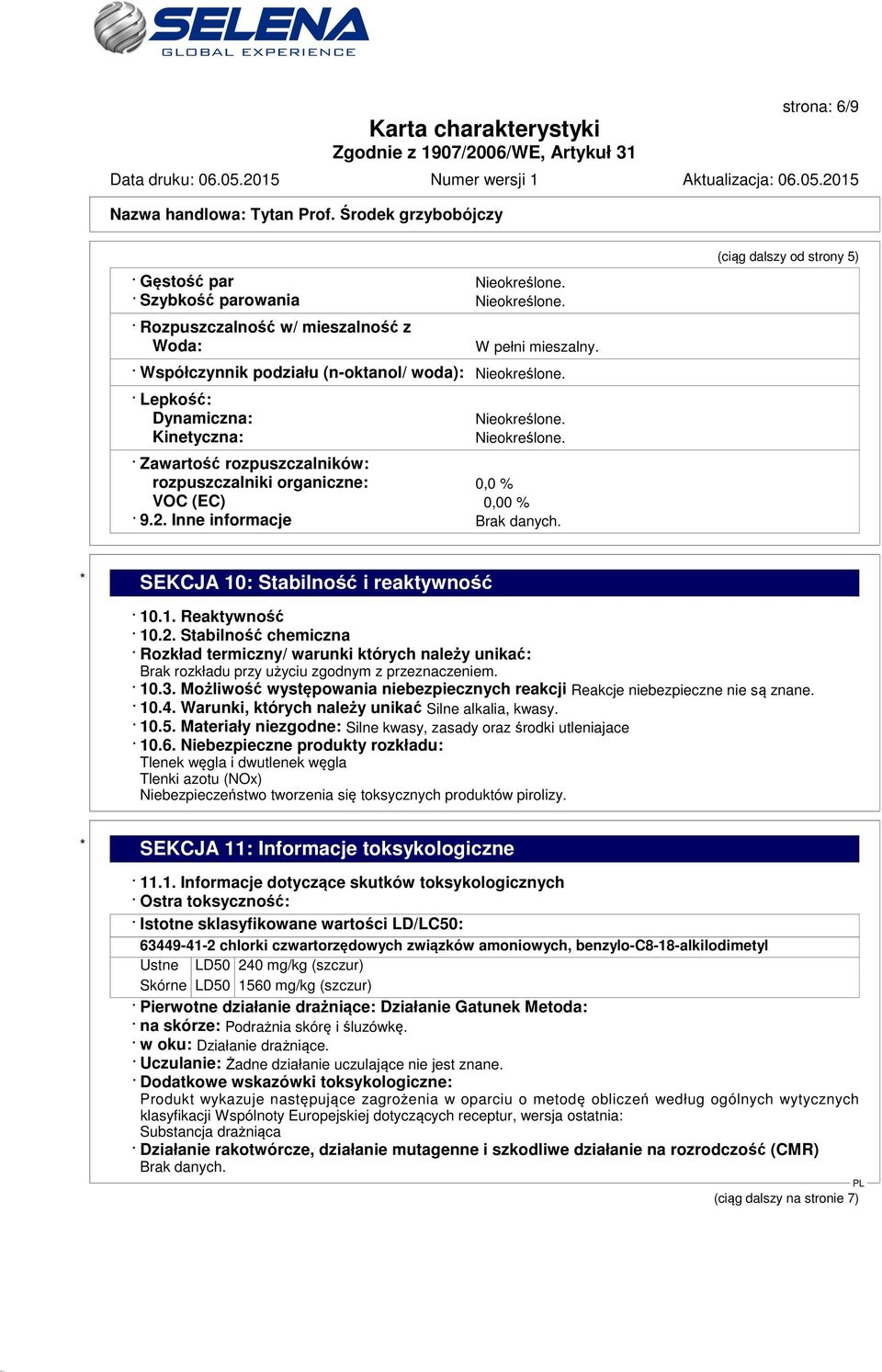 (ciąg dalszy od strony 5) * SEKCJA 10: Stabilność i reaktywność 10.1. Reaktywność 10.2.