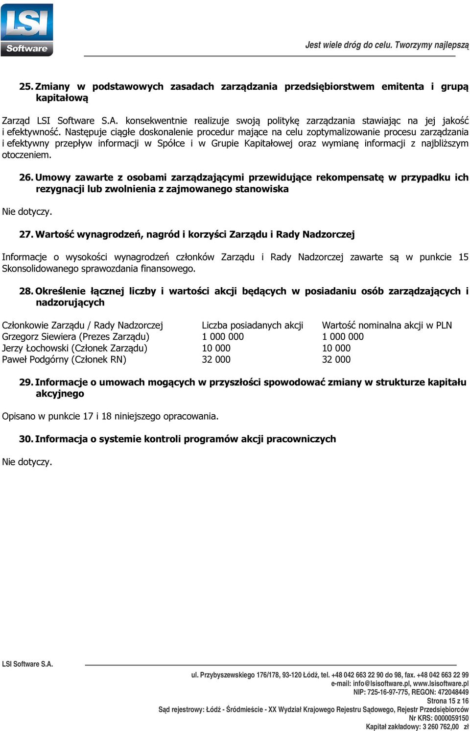 otoczeniem. 26. Umowy zawarte z osobami zarządzającymi przewidujące rekompensatę w przypadku ich rezygnacji lub zwolnienia z zajmowanego stanowiska Nie dotyczy. 27.