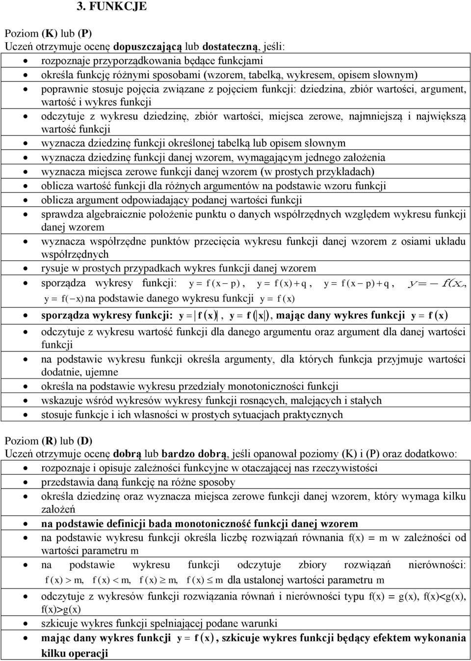 określonej tabelką lub opisem słownym wyznacza dziedzinę funkcji danej wzorem, wymagającym jednego założenia wyznacza miejsca zerowe funkcji danej wzorem (w prostych przykładach) oblicza wartość