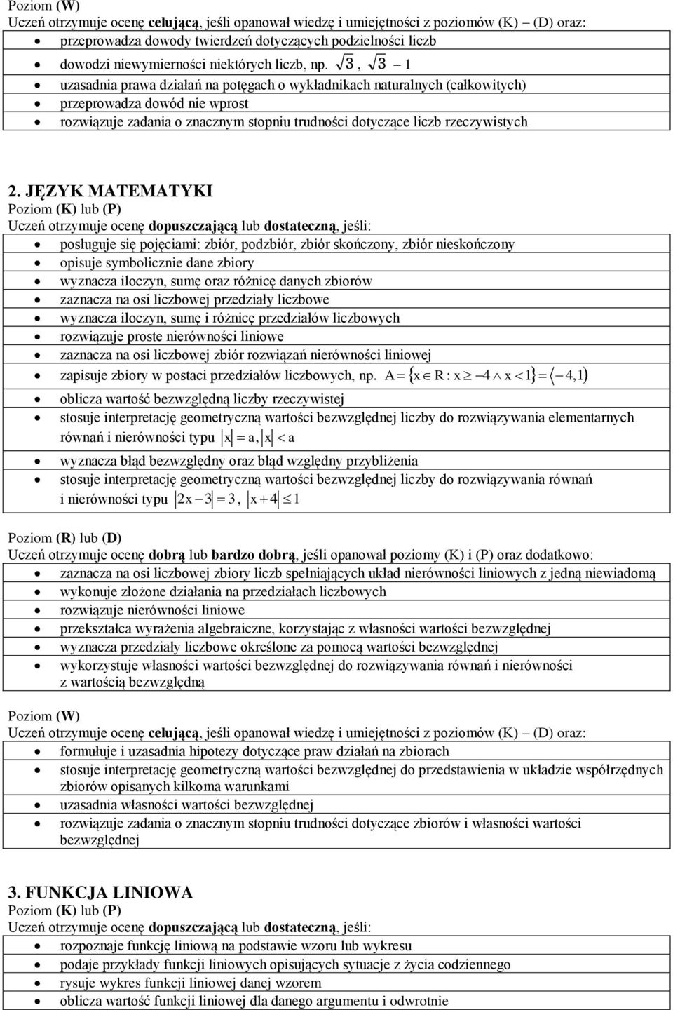 JĘZYK MATEMATYKI posługuje się pojęciami: zbiór, podzbiór, zbiór skończony, zbiór nieskończony opisuje symbolicznie dane zbiory wyznacza iloczyn, sumę oraz różnicę danych zbiorów zaznacza na osi