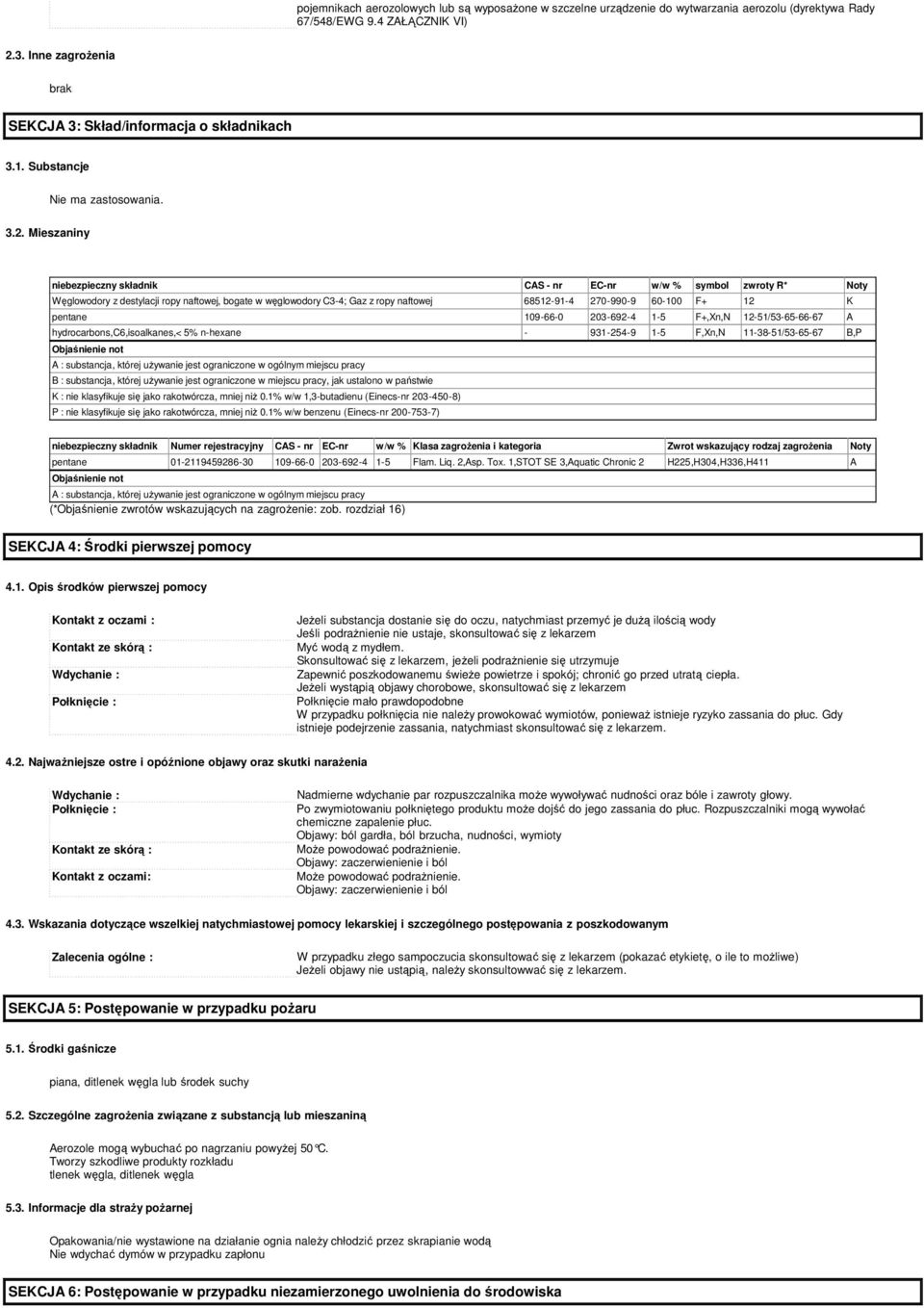 Mieszaniny niebezpieczny składnik CAS - nr EC-nr w/w % symbol zwroty R* Noty Węglowodory z destylacji ropy naftowej, bogate w węglowodory C3-4; Gaz z ropy naftowej 68512-91-4 270-990-9 60-100 F+ 12 K