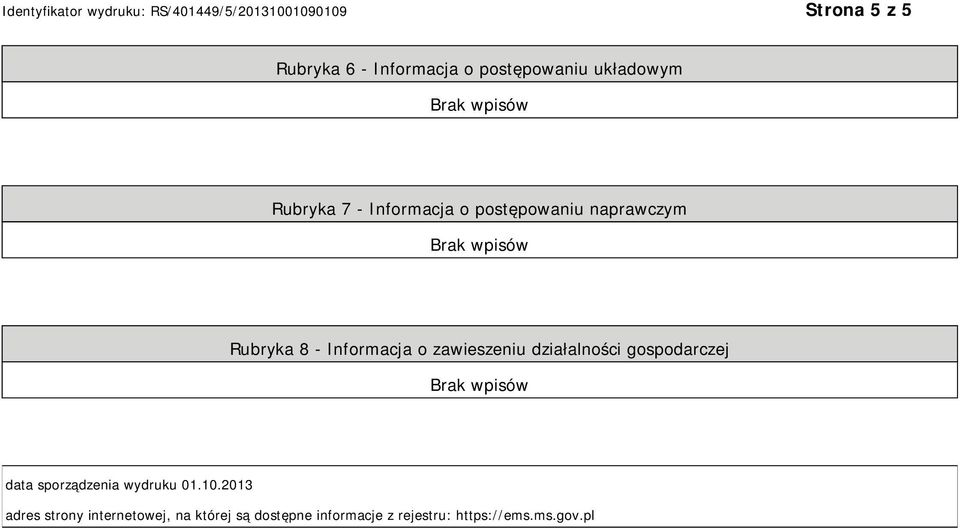 działalności gospodarczej data sporządzenia wydruku 01.10.
