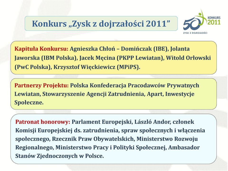 Partnerzy Projektu: Polska Konfederacja Pracodawców Prywatnych Lewiatan, Stowarzyszenie Agencji Zatrudnienia, Apart, Inwestycje Społeczne.