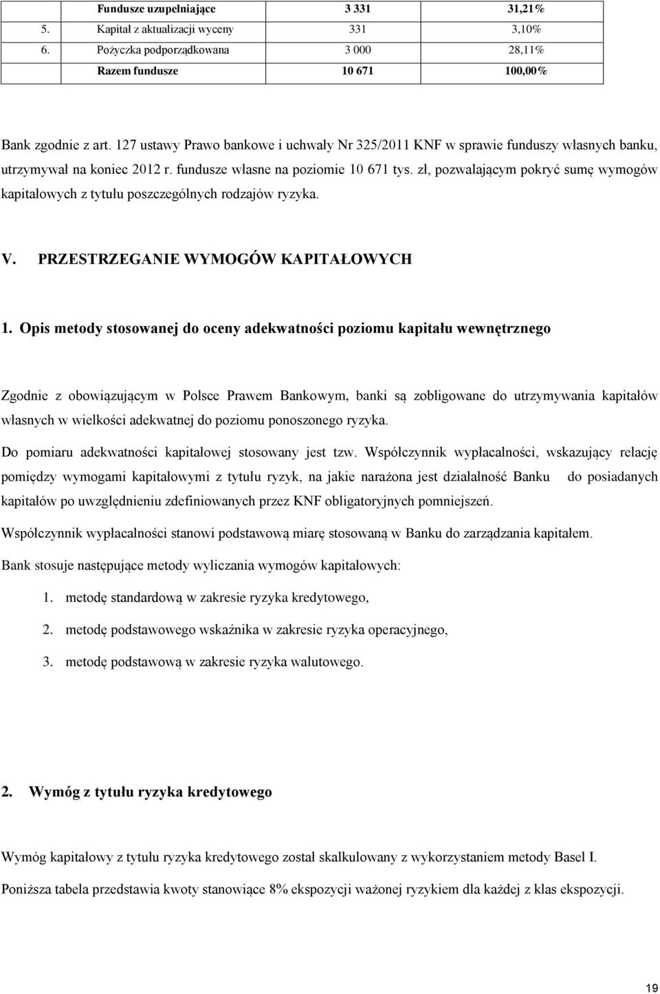 zł, pozwalającym pokryć sumę wymogów kapitałowych z tytułu poszczególnych rodzajów ryzyka. V. PRZESTRZEGANIE WYMOGÓW KAPITAŁOWYCH 1.