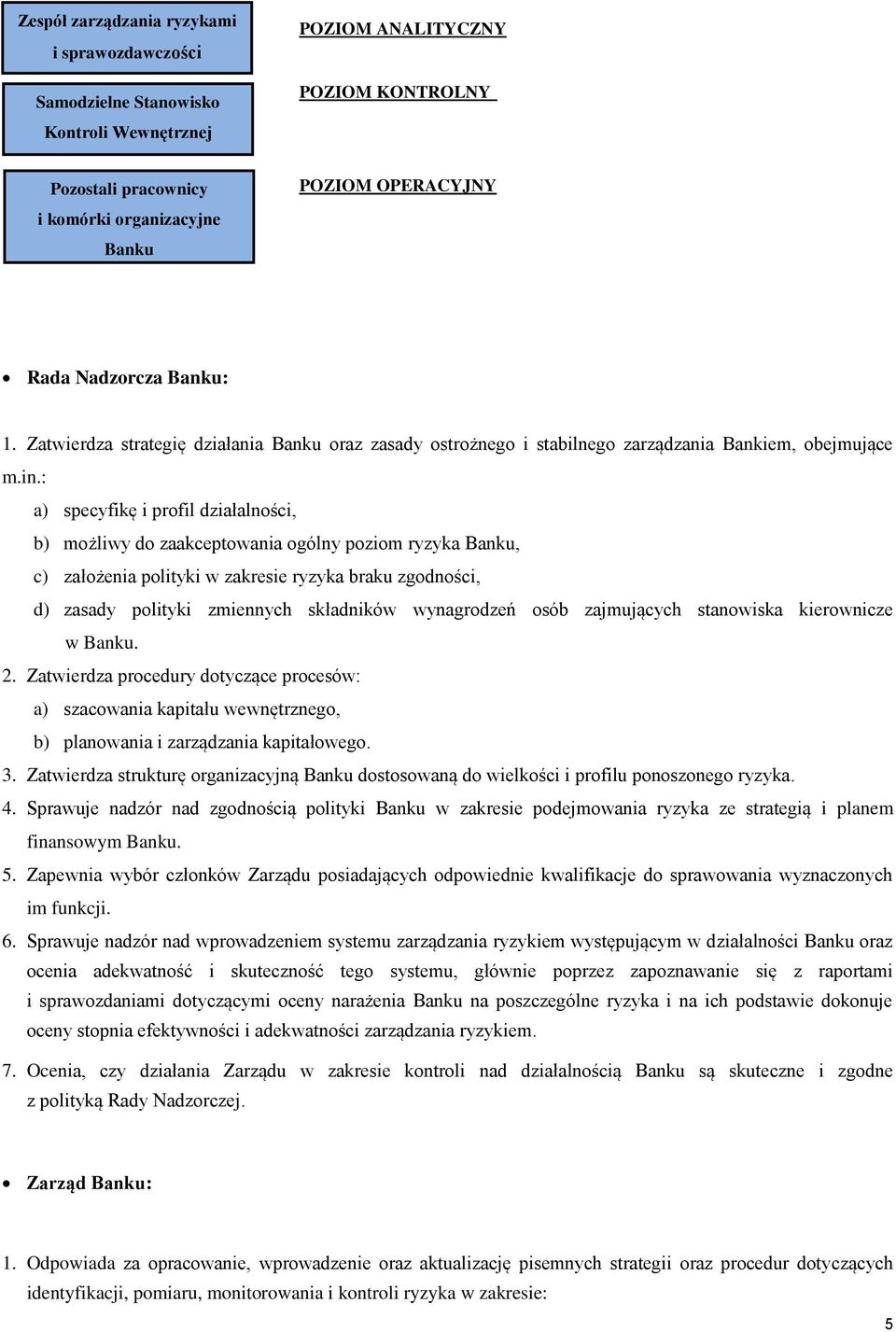 : a) specyfikę i profil działalności, b) możliwy do zaakceptowania ogólny poziom ryzyka Banku, c) założenia polityki w zakresie ryzyka braku zgodności, d) zasady polityki zmiennych składników