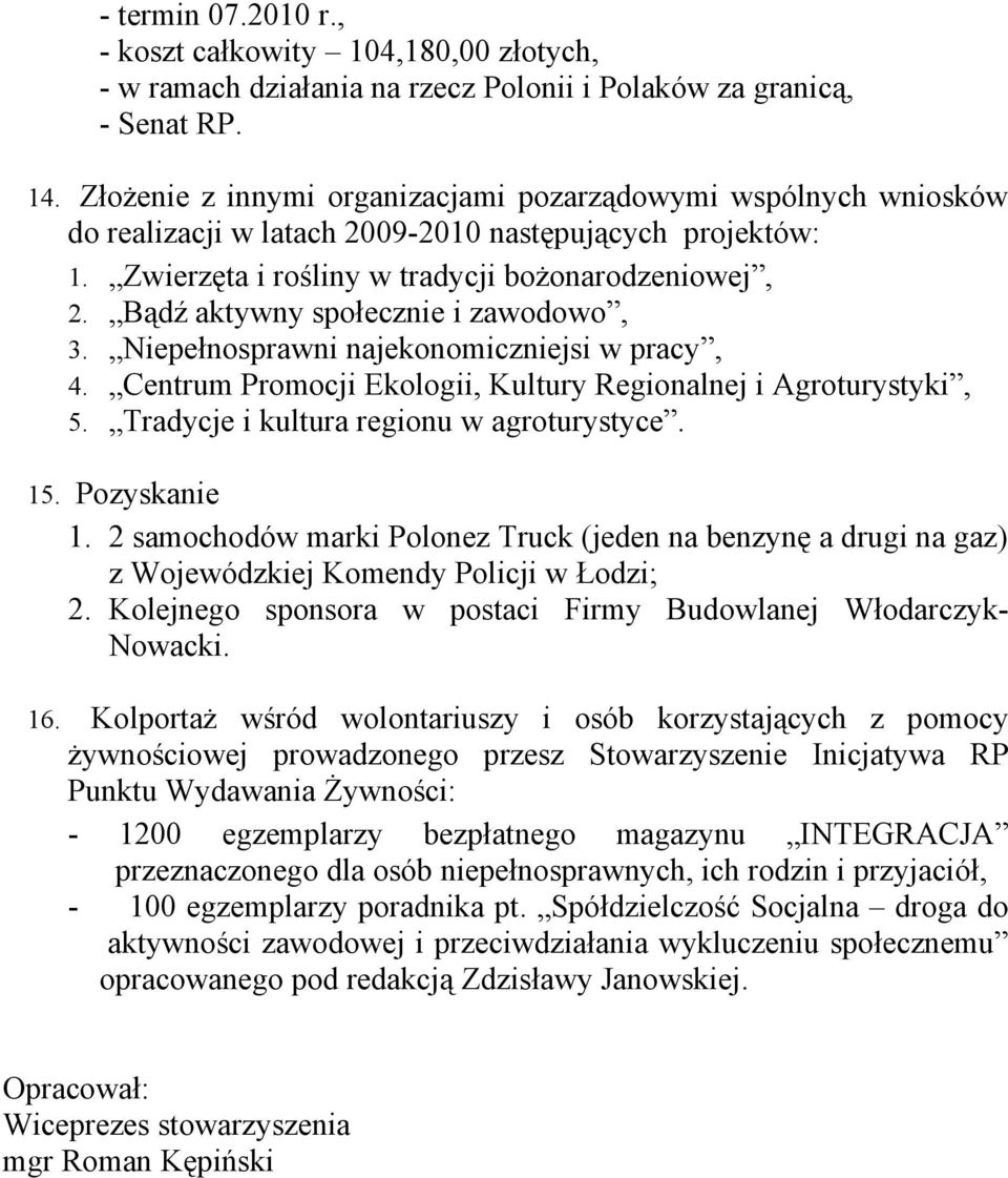 Bądź aktywny społecznie i zawodowo, 3. Niepełnosprawni najekonomiczniejsi w pracy, 4. Centrum Promocji Ekologii, Kultury Regionalnej i Agroturystyki, 5. Tradycje i kultura regionu w agroturystyce. 15.