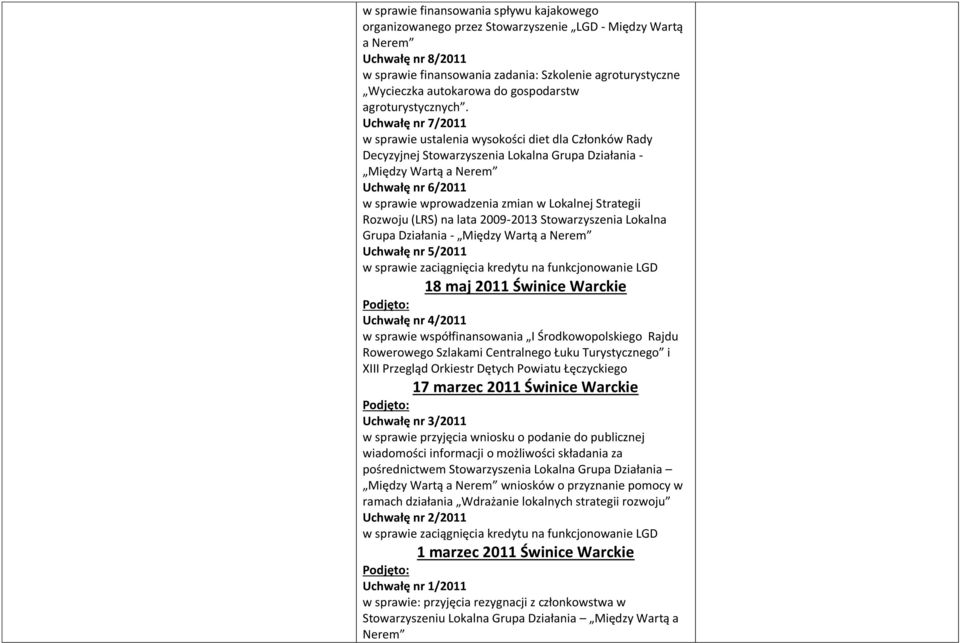 Uchwałę nr 7/2011 w sprawie ustalenia wysokości diet dla Członków Rady Decyzyjnej Stowarzyszenia Lokalna Grupa Działania - Między Wartą a Uchwałę nr 6/2011 w sprawie wprowadzenia zmian w Lokalnej