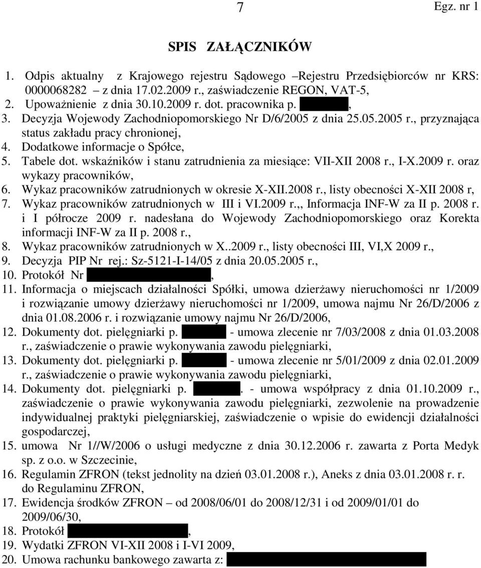 wskaźników i stanu zatrudnienia za miesiące: VII-XII 2008 r., I-X.2009 r. oraz wykazy pracowników, 6. Wykaz pracowników zatrudnionych w okresie X-XII.2008 r., listy obecności X-XII 2008 r, 7.