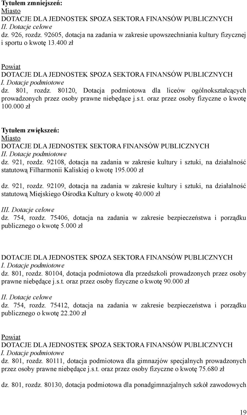 80120, Dotacja podmiotowa dla liceów ogólnokształcących prowadzonych przez osoby prawne niebędące j.s.t. oraz przez osoby fizyczne o kwotę 100.