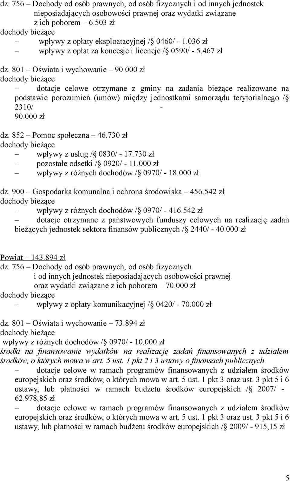 000 zł dochody bieżące dotacje celowe otrzymane z gminy na zadania bieżące realizowane na podstawie porozumień (umów) między jednostkami samorządu terytorialnego / 2310/ - 90.000 zł dz.