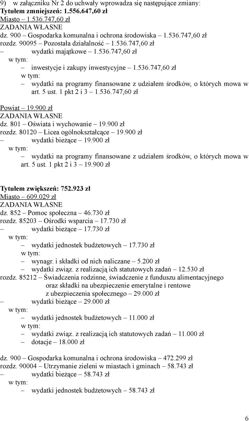 5 ust. 1 pkt 2 i 3 1.536.747,60 zł Powiat 19.900 zł ZADANIA WŁASNE dz. 801 Oświata i wychowanie 19.900 zł rozdz. 80120 Licea ogólnokształcące 19.900 zł wydatki bieżące 19.