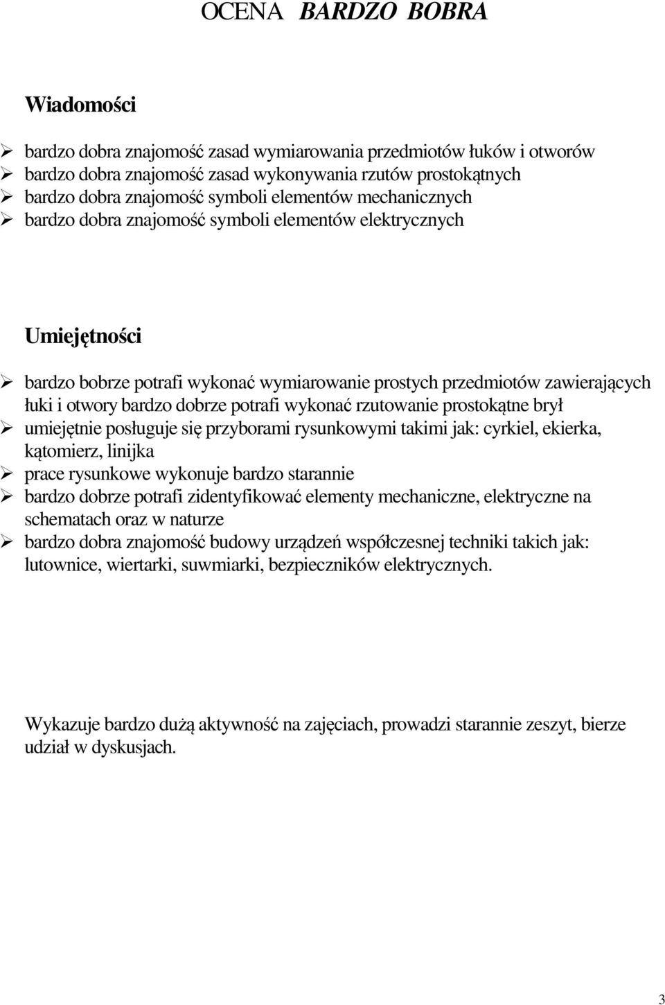 rzutowanie prostokątne brył umiejętnie posługuje się przyborami rysunkowymi takimi jak: cyrkiel, ekierka, kątomierz, linijka prace rysunkowe wykonuje bardzo starannie bardzo dobrze potrafi