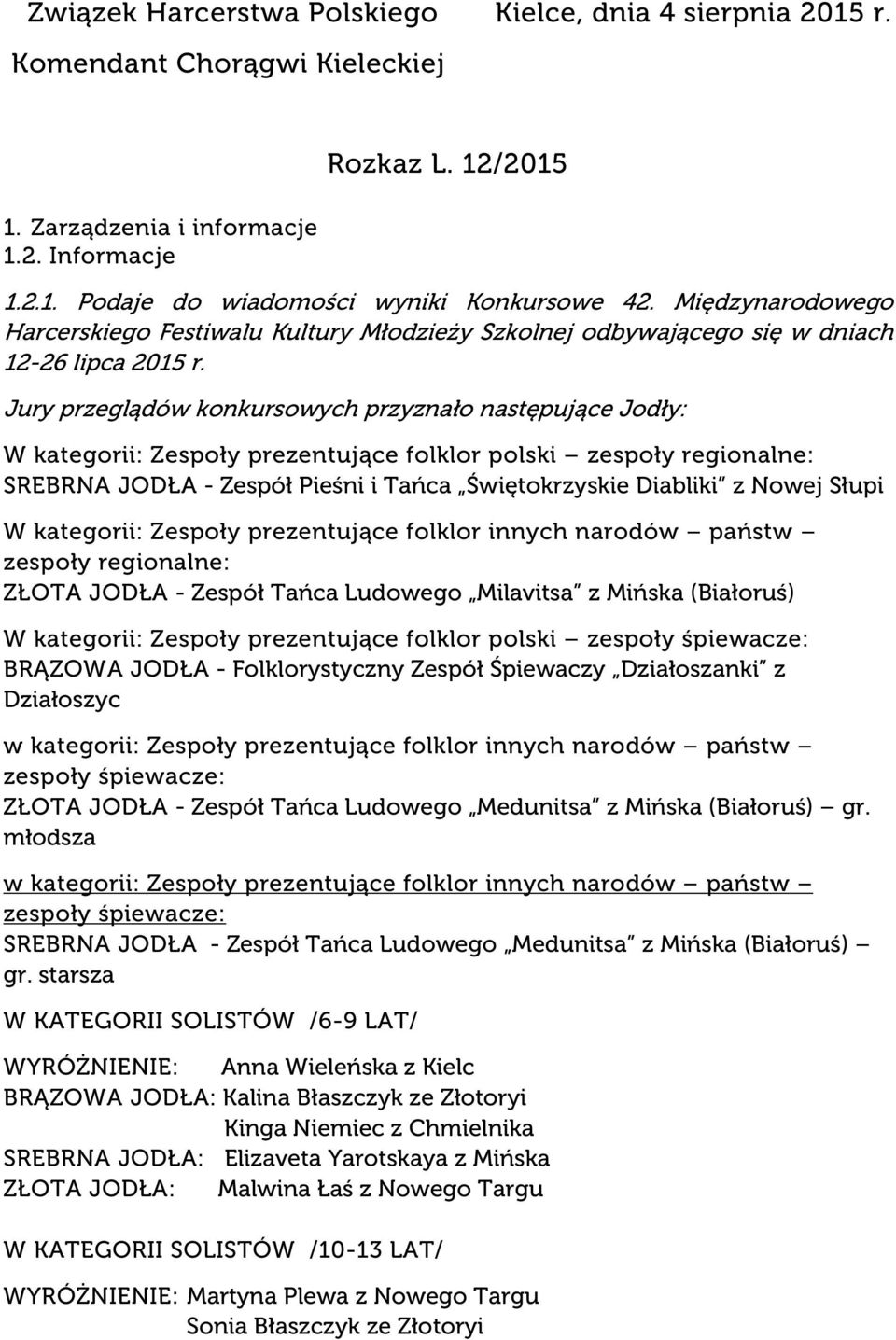 Jury przeglądów konkursowych przyznało następujące Jodły: W kategorii: Zespoły prezentujące folklor polski zespoły regionalne: SREBRNA JODŁA - Zespół Pieśni i Tańca Świętokrzyskie Diabliki z Nowej