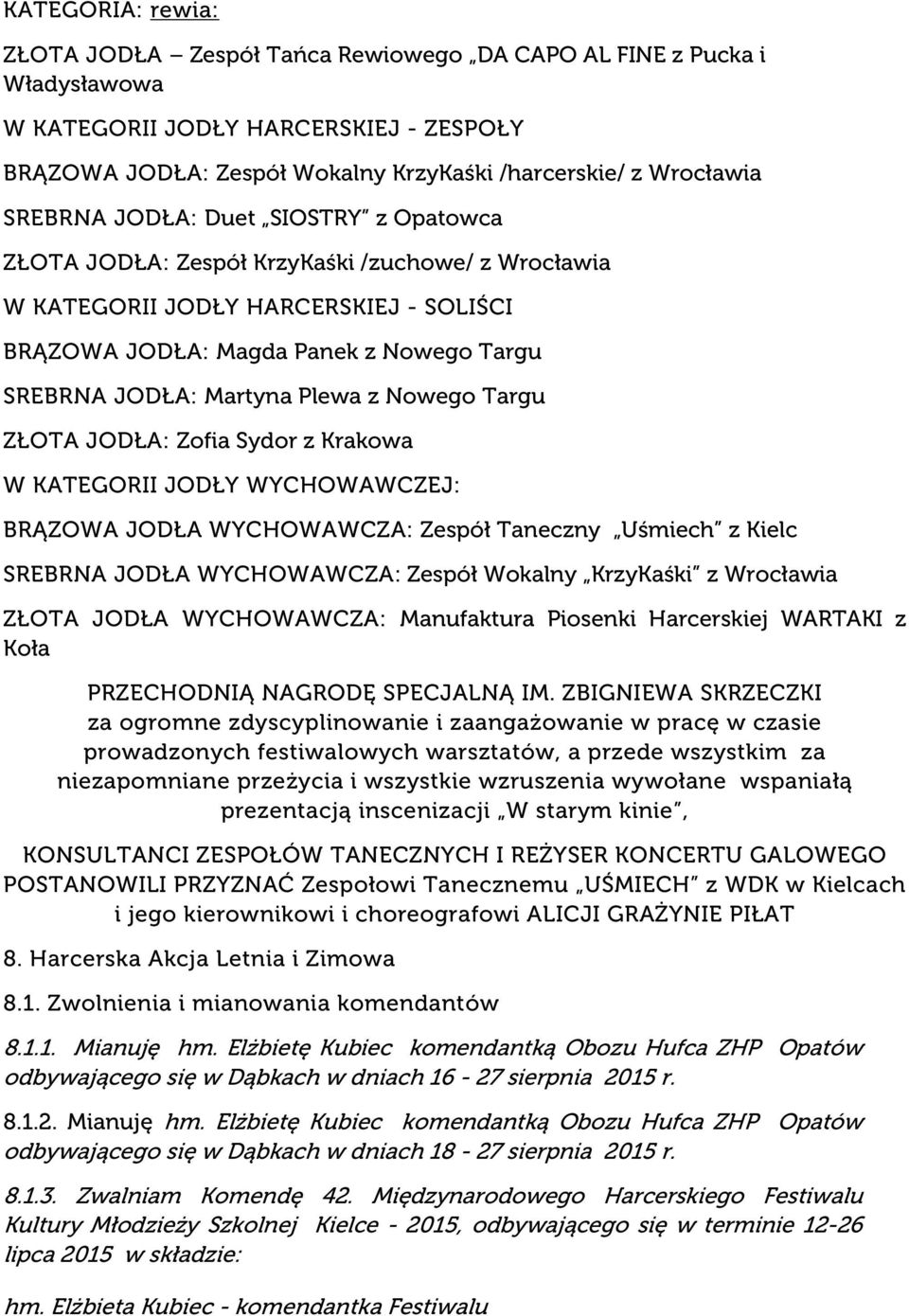 Plewa z Nowego Targu ZŁOTA JODŁA: Zofia Sydor z Krakowa W KATEGORII JODŁY WYCHOWAWCZEJ: BRĄZOWA JODŁA WYCHOWAWCZA: Zespół Taneczny Uśmiech z Kielc SREBRNA JODŁA WYCHOWAWCZA: Zespół Wokalny KrzyKaśki