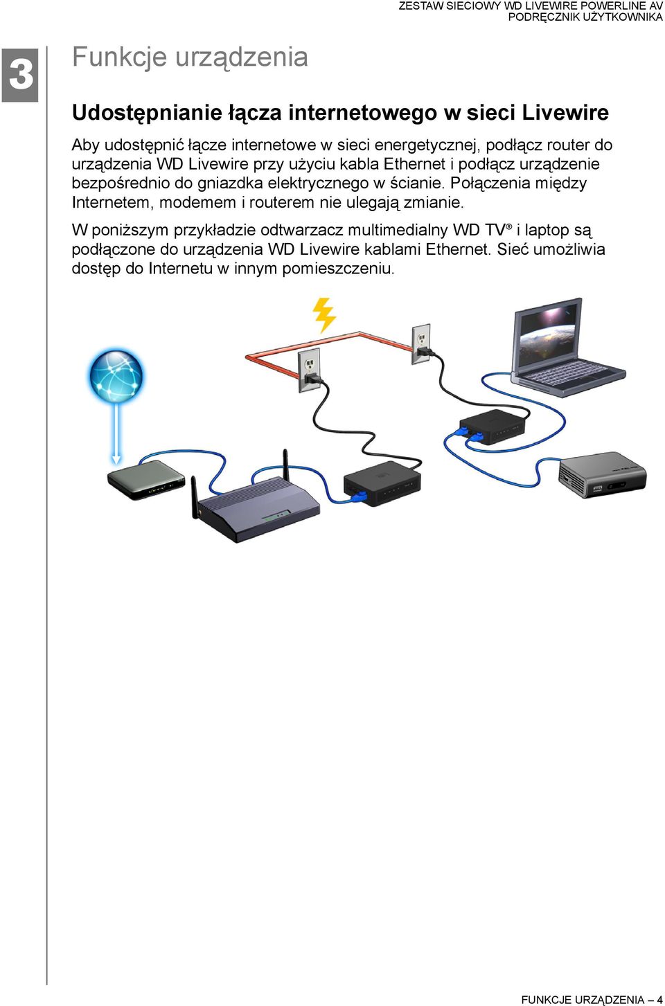 ścianie. Połączenia między Internetem, modemem i routerem nie ulegają zmianie.