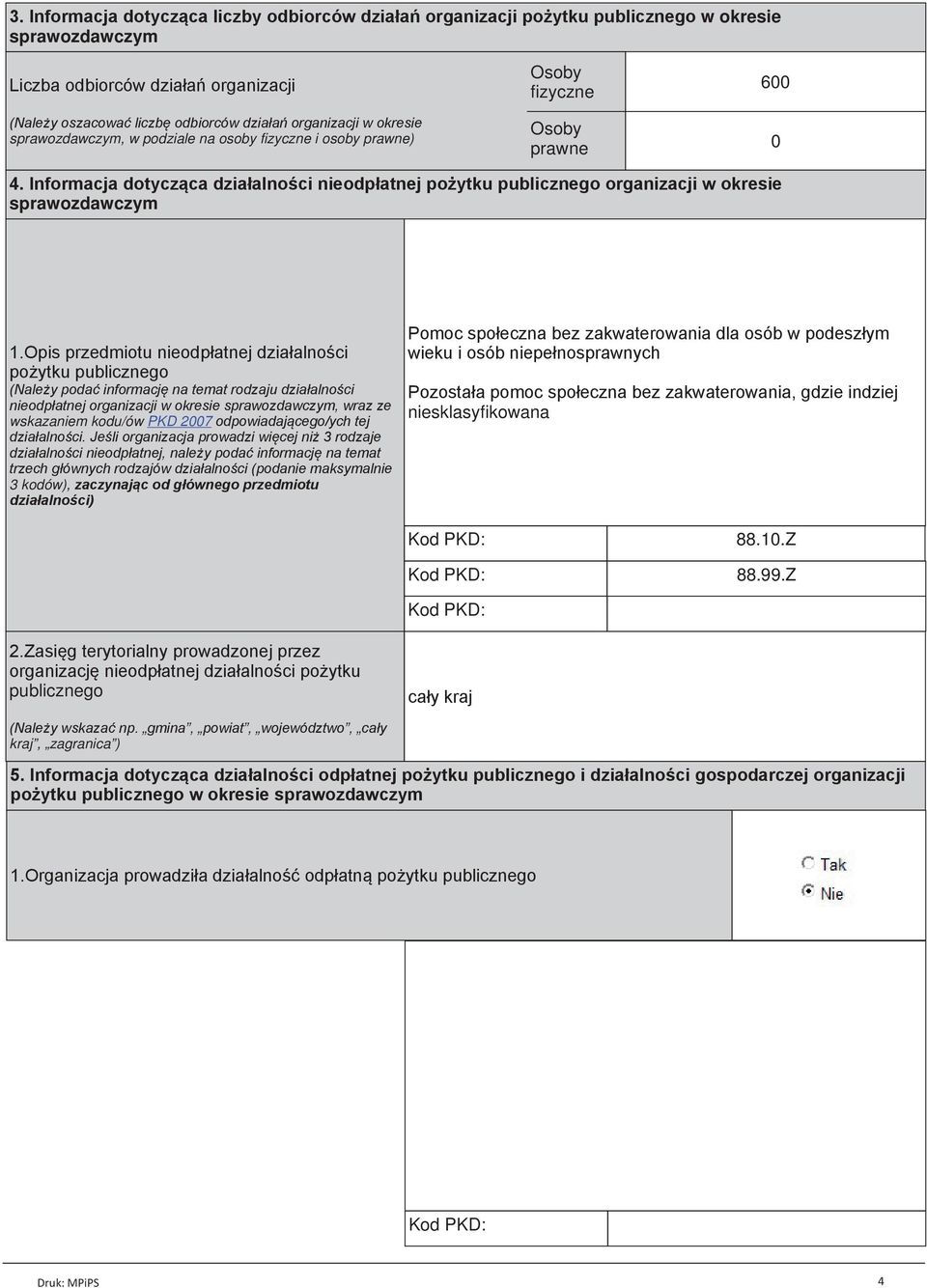 Opis przedmiotu nieodpłatnej działalności pożytku (Należy podać informację na temat rodzaju działalności nieodpłatnej organizacji w okresie, wraz ze wskazaniem kodu/ów PKD 2007 odpowiadającego/ych