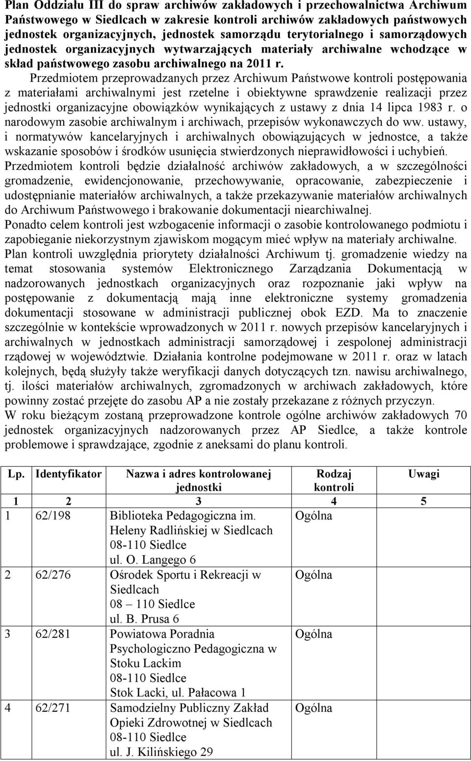 Przedmiotem przeprowadzanych przez Archiwum Państwowe kontroli postępowania z materiałami archiwalnymi jest rzetelne i obiektywne sprawdzenie realizacji przez jednostki organizacyjne obowiązków