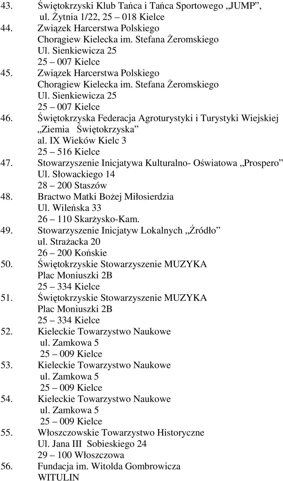 IX Wieków Kielc 3 25 516 Kielce 47. Stowarzyszenie Inicjatywa Kulturalno- Oświatowa Prospero Ul. Słowackiego 14 28 200 Staszów 48. Bractwo Matki BoŜej Miłosierdzia Ul.