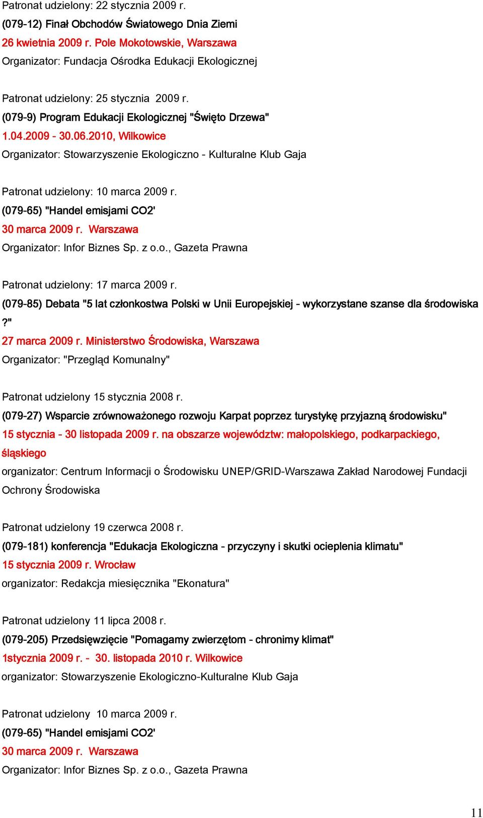 2010, Wilkowice Organizator: Stowarzyszenie Ekologiczno - Kulturalne Klub Gaja Patronat udzielony: 10 marca 2009 r. (079-65) "Handel emisjami CO2' 30 marca 2009 r.