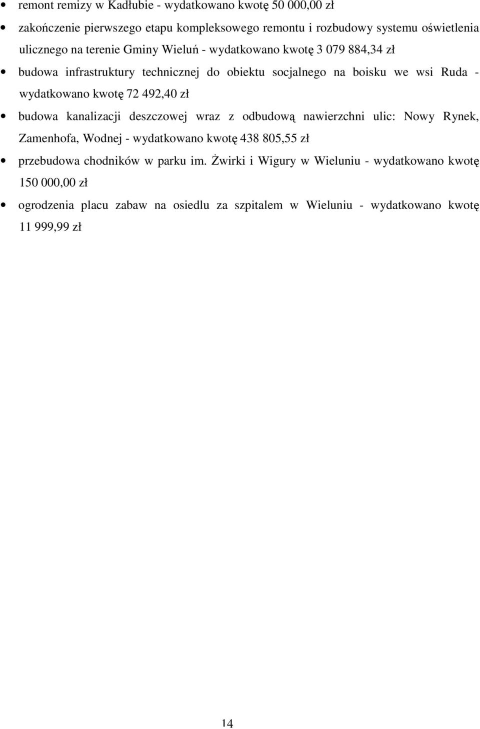 492,40 zł budowa kanalizacji deszczowej wraz z odbudową nawierzchni ulic: Nowy Rynek, Zamenhofa, Wodnej - wydatkowano kwotę 438 805,55 zł przebudowa chodników