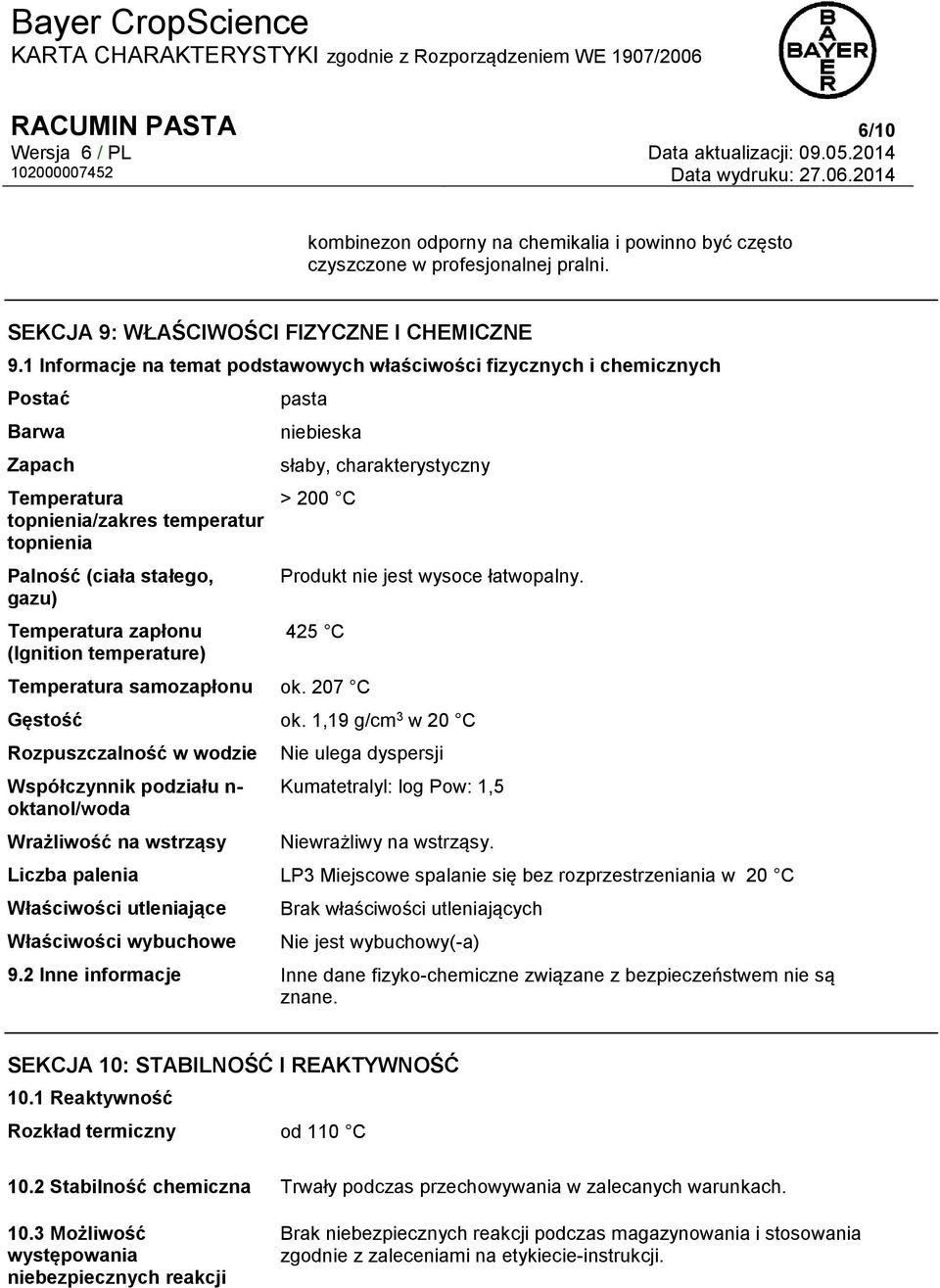 (Ignition temperature) pasta niebieska słaby, charakterystyczny > 200 C Produkt nie jest wysoce łatwopalny. 425 C Temperatura samozapłonu ok. 207 C Gęstość ok.