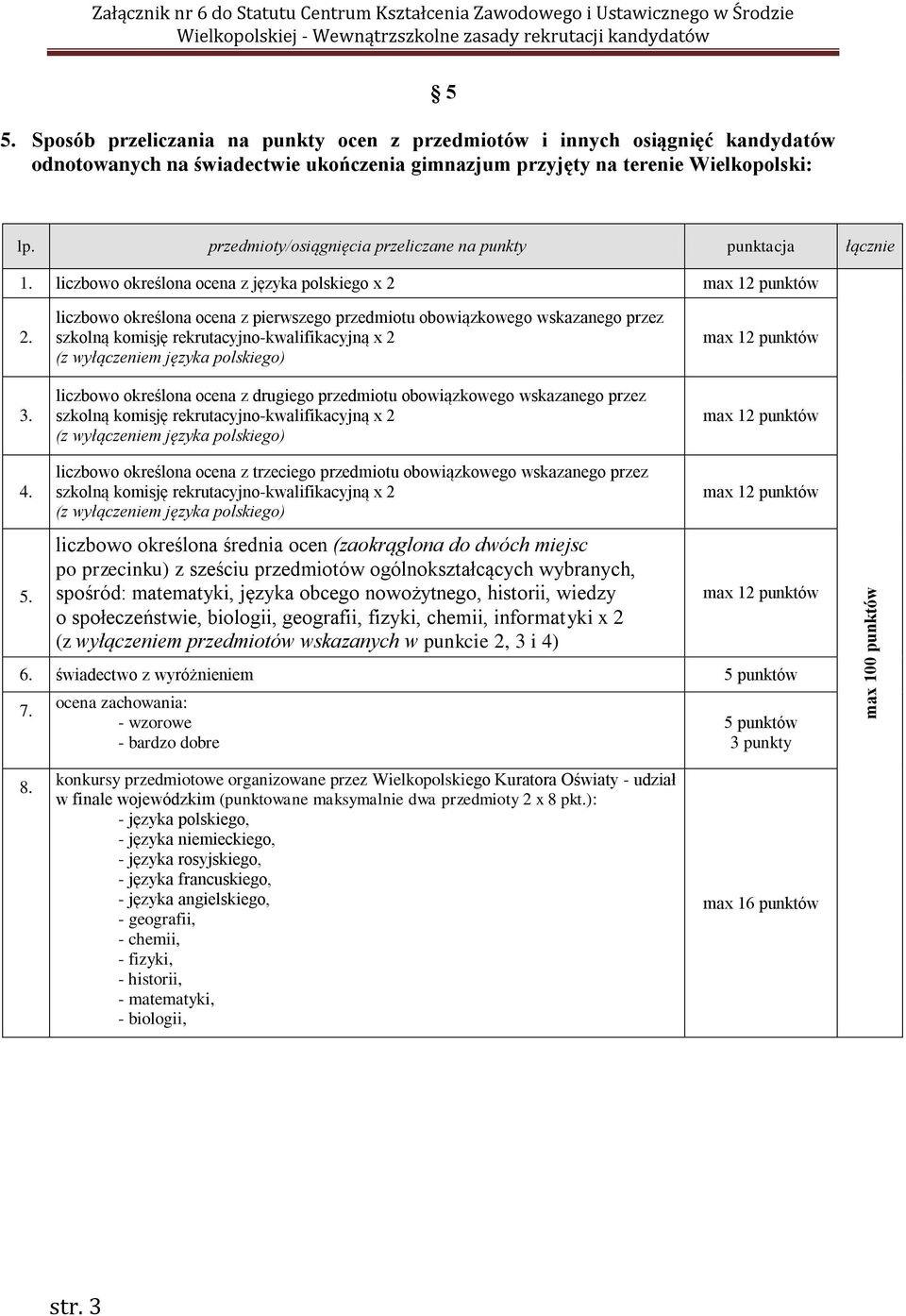 przedmioty/osiągnięcia przeliczane na punkty punktacja łącznie 1. liczbowo określona ocena z języka polskiego x 2 2. 3.
