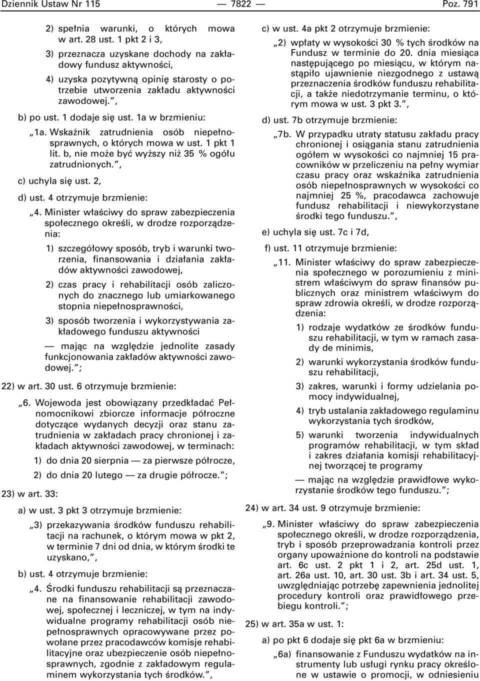 1a w brzmieniu: 1a. Wskaênik zatrudnienia osób niepe nosprawnych, o których mowa w ust. 1 pkt 1 lit. b, nie mo e byç wy szy ni 35 % ogó u zatrudnionych., c) uchyla si ust. 2, d) ust.