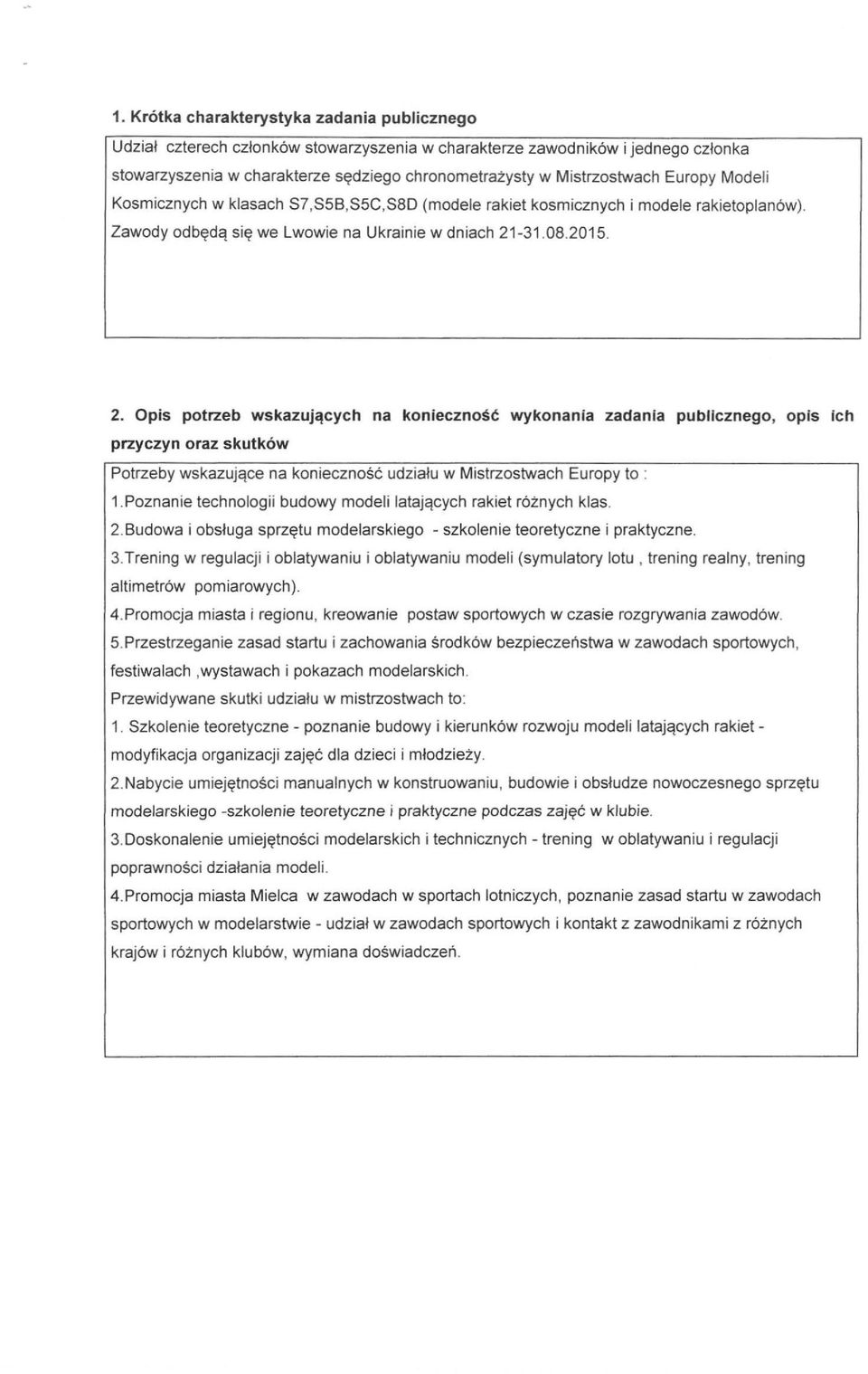 -31.08.2015. 2. Opis potrzeb wskazujących na konieczność wykonanła zadanła publicznego, opłs łch przyczyn oraz skutków Potrzeby wskazujące na konieczność udziału w Mistrzostwach Europy to : 1.