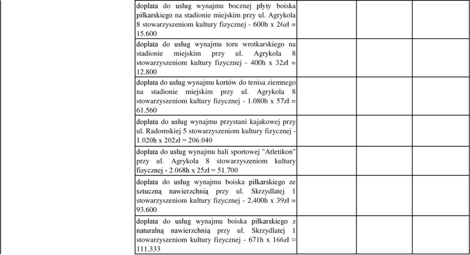 800 dopłata do usług wynajmu kortów do tenisa ziemnego na stadionie miejskim przy ul. Agrykola 8 stowarzyszeniom kultury fizycznej - 1.080h x 57zł = 61.