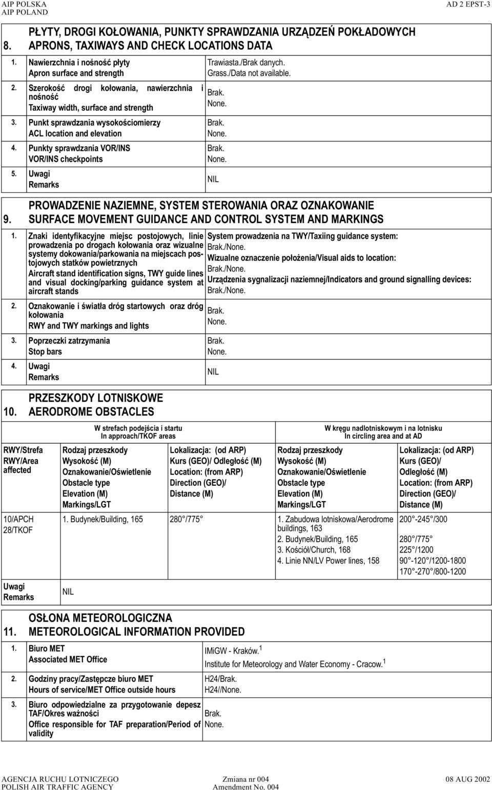 Punkty sprawdzania VOR/INS VOR/INS checkpoints 5. Trawiasta./ Grass./ PROWADZENIE NAZIEMNE, SYSTEM STEROWANIA ORAZ OZNAKOWANIE 9. SURFACE MOVEMENT GUIDANCE AND CONTROL SYSTEM AND MARKINGS 1.