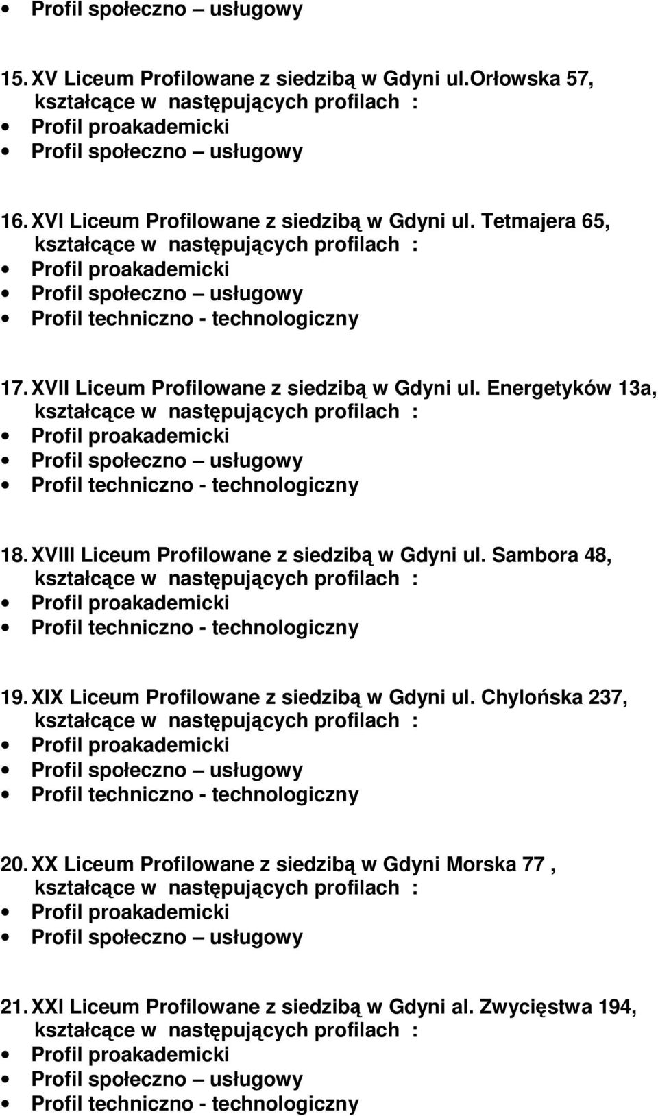 XVIII Liceum Profilowane z siedzibą w Gdyni ul. Sambora 48, 19. XIX Liceum Profilowane z siedzibą w Gdyni ul.