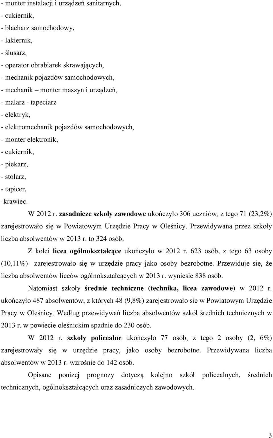 zasadnicze szkoły zawodowe ukończyło 306 uczniów, z tego 71 (23,2%) zarejestrowało się w Powiatowym Urzędzie Pracy w Oleśnicy. Przewidywana przez szkoły liczba absolwentów w 2013 r. to 324 osób.