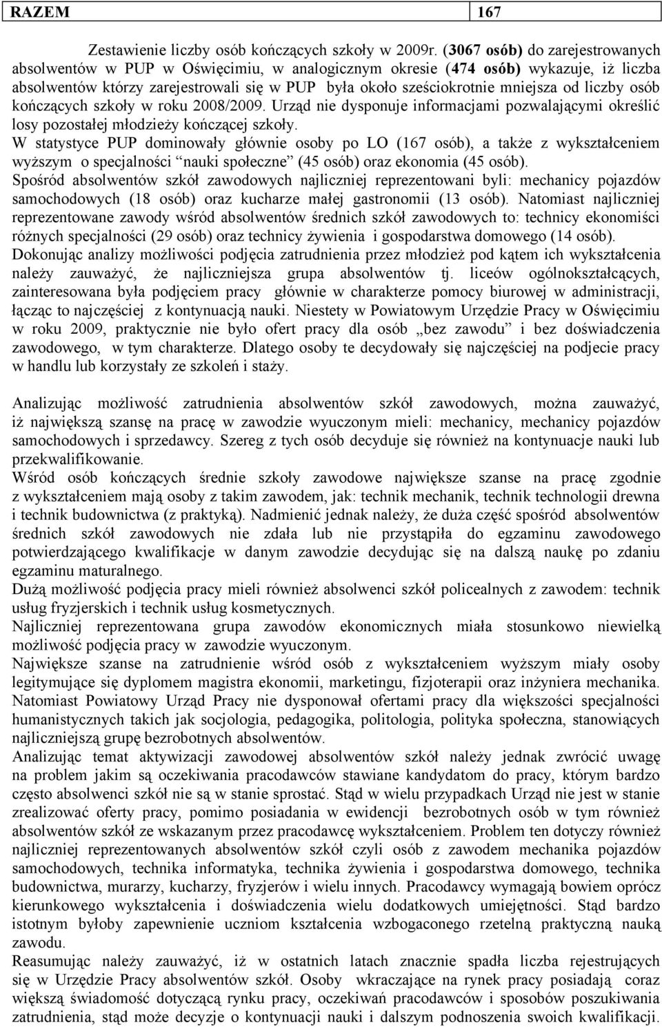 kończącej szkoły W statystyce PUP dominowały głównie osoby po LO (167 osób), a także z wykształceniem wyższym o specjalności nauki społeczne (45 osób) oraz ekonomia (45 osób) Spośród absolwentów