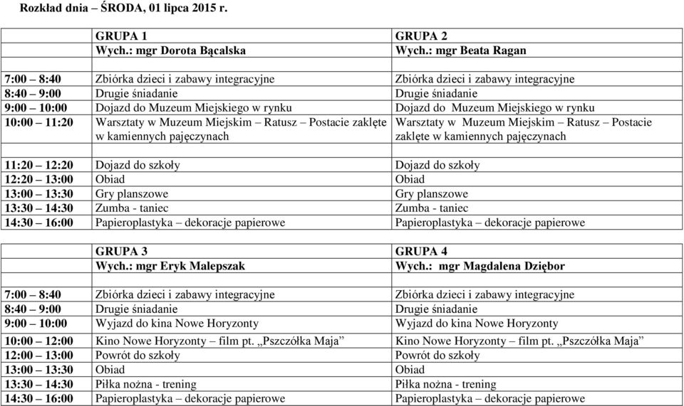 Ratusz Postacie zaklęte w kamiennych pajęczynach 11:20 12:20 Dojazd do szkoły Dojazd do szkoły 12:20 13:00 Obiad Obiad 13:00 13:30 Gry planszowe Gry planszowe 13:30 14:30 Zumba - taniec Zumba -