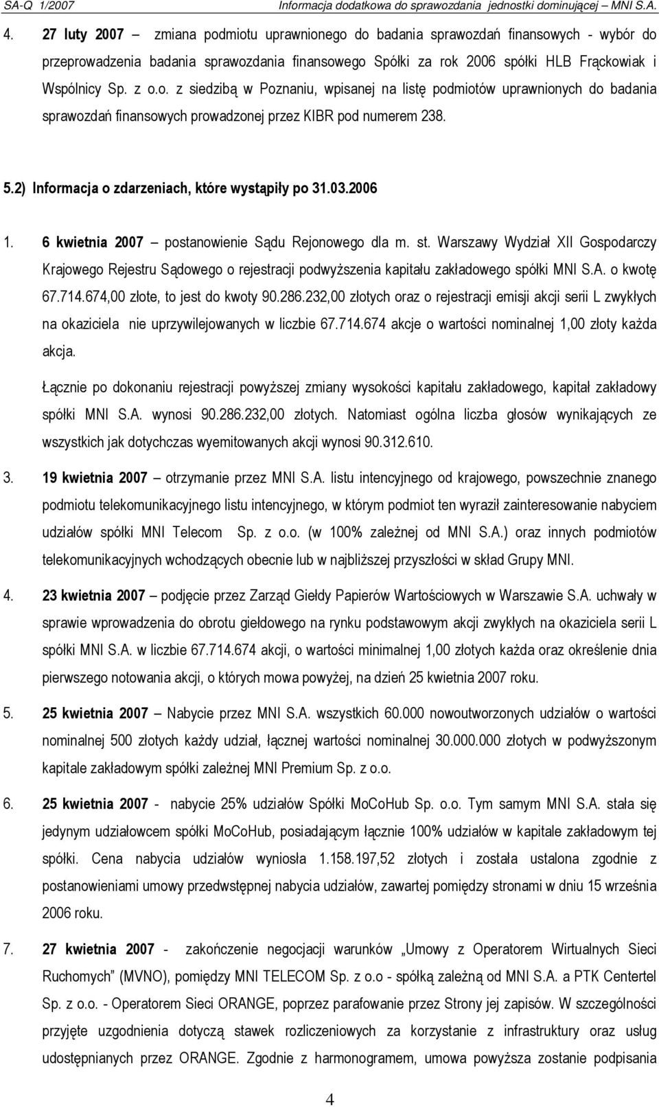 2006 1. 6 kwietnia 2007 postanowienie Sądu Rejonowego dla m. st. Warszawy Wydział XII Gospodarczy Krajowego Rejestru Sądowego o rejestracji podwyższenia kapitału zakładowego spółki MNI S.A.