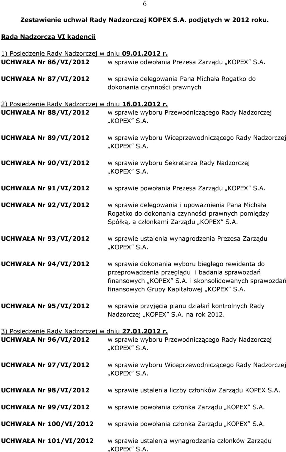 UCHWAŁA Nr 86/VI/2012 w sprawie odwołania Prezesa Zarządu UCHWAŁA Nr 87/VI/2012 w sprawie delegowania Pana Michała Rogatko do dokonania czynności prawnych 2) Posiedzenie Rady Nadzorczej w dniu 16.01.2012 r.