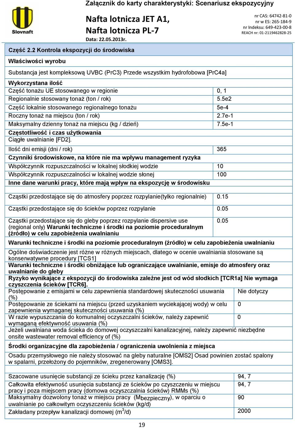 Regionalnie stosowany tonaż (ton / rok) 5.5e2 Część lokalnie stosowanego regionalnego tonażu 5e-4 Roczny tonaż na miejscu (ton / rok) 2.7e-1 Maksymalny dzienny tonaż na miejscu (kg / dzień) 7.