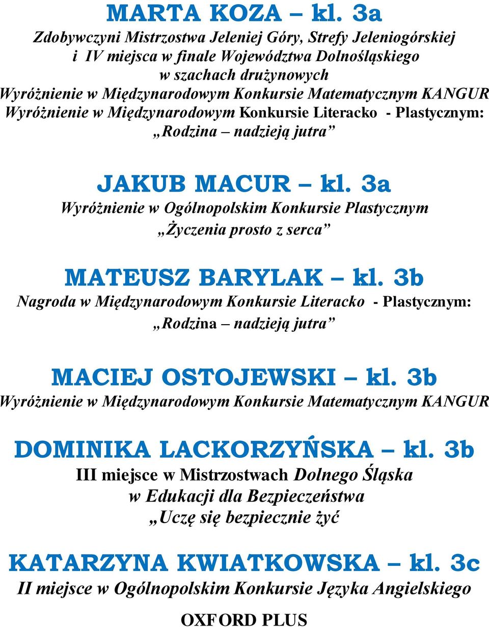 3b Nagroda w Międzynarodowym Konkursie Literacko - Plastycznym: MACIEJ OSTOJEWSKI kl.