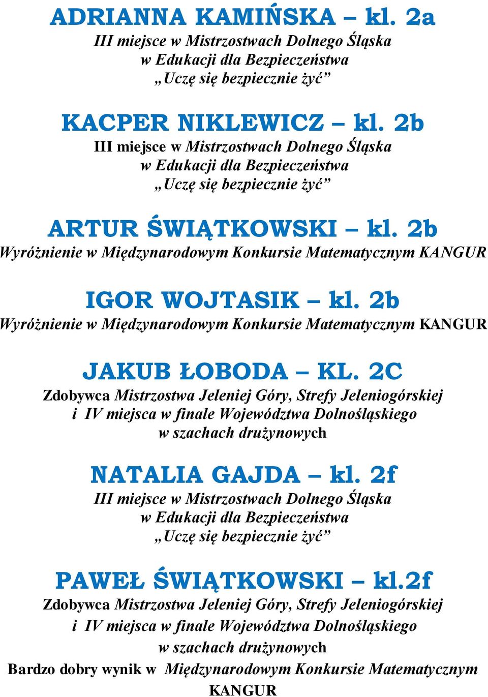 2C Zdobywca Mistrzostwa Jeleniej Góry, Strefy Jeleniogórskiej NATALIA GAJDA kl.