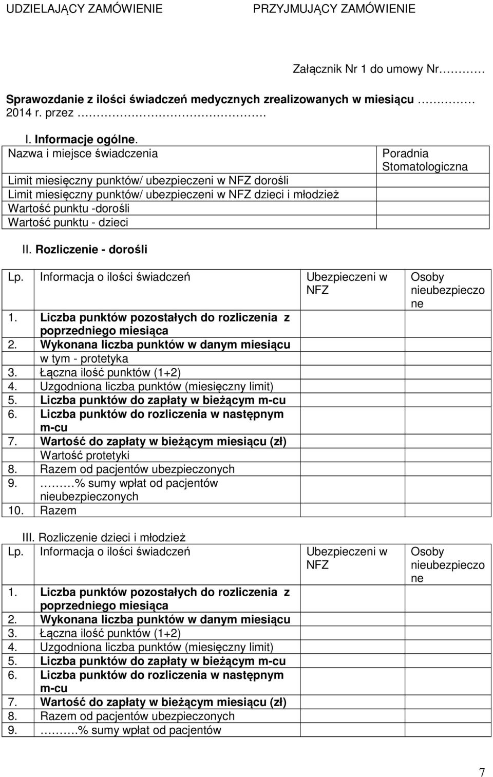 Poradnia Stomatologiczna II. Rozliczenie - dorośli Lp. Informacja o ilości świadczeń Ubezpieczeni w NFZ 1. Liczba punktów pozostałych do rozliczenia z poprzedniego miesiąca 2.