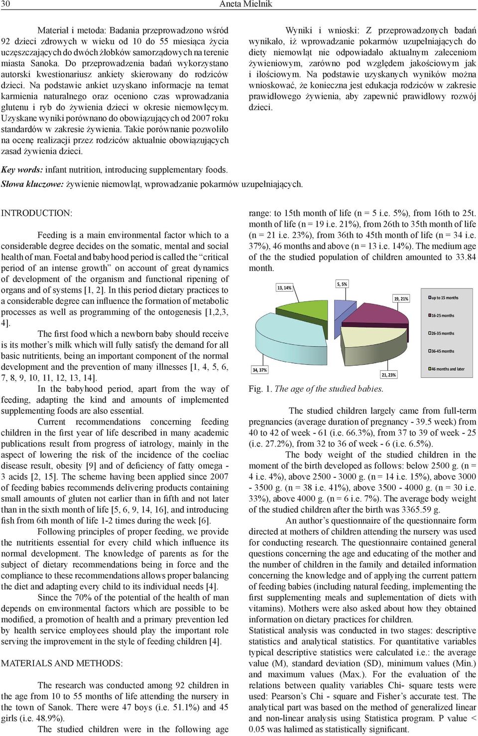 Na podstawie ankiet uzyskano informacje na temat karmienia naturalnego oraz oceniono czas wprowadzania glutenu i ryb do żywienia dzieci w okresie niemowlęcym.