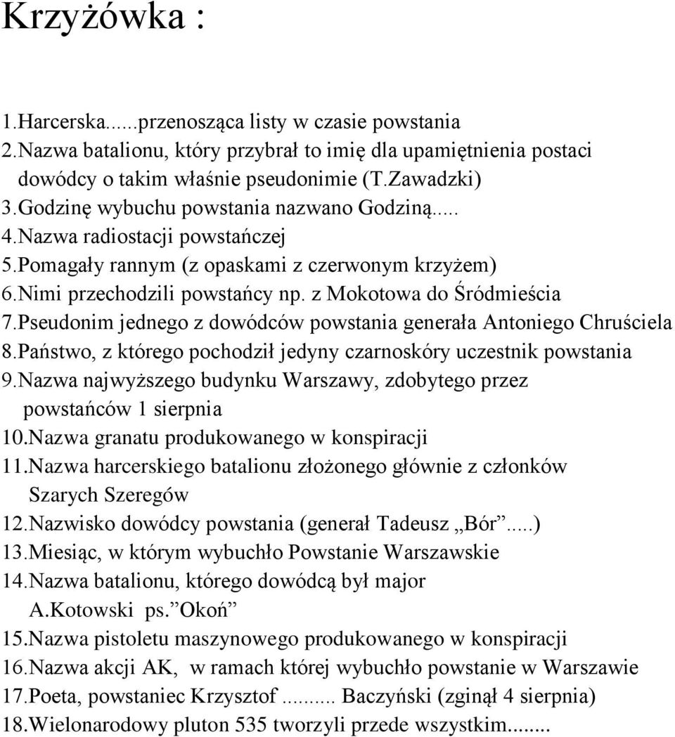 Pseudonim jednego z dowódców powstania generała Antoniego Chruściela 8.Państwo, z którego pochodził jedyny czarnoskóry uczestnik powstania 9.