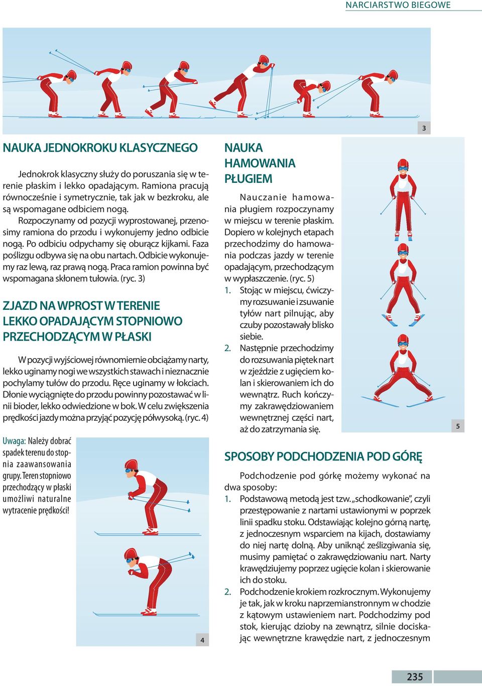 Po odbiciu odpychamy się oburącz kijkami. Faza poślizgu odbywa się na obu nartach. Odbicie wykonujemy raz lewą, raz prawą nogą. Praca ramion powinna być wspomagana skłonem tułowia. (ryc.