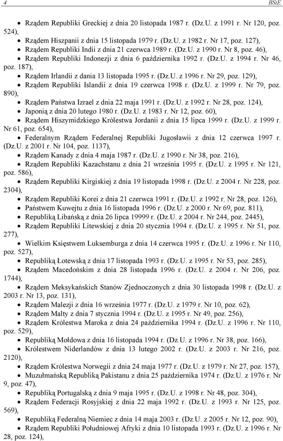 187), Rządem Irlandii z dania 13 listopada 1995 r. (Dz.U. z 1996 r. Nr 29, poz. 129), Rządem Republiki Islandii z dnia 19 czerwca 1998 r. (Dz.U. z 1999 r. Nr 79, poz.