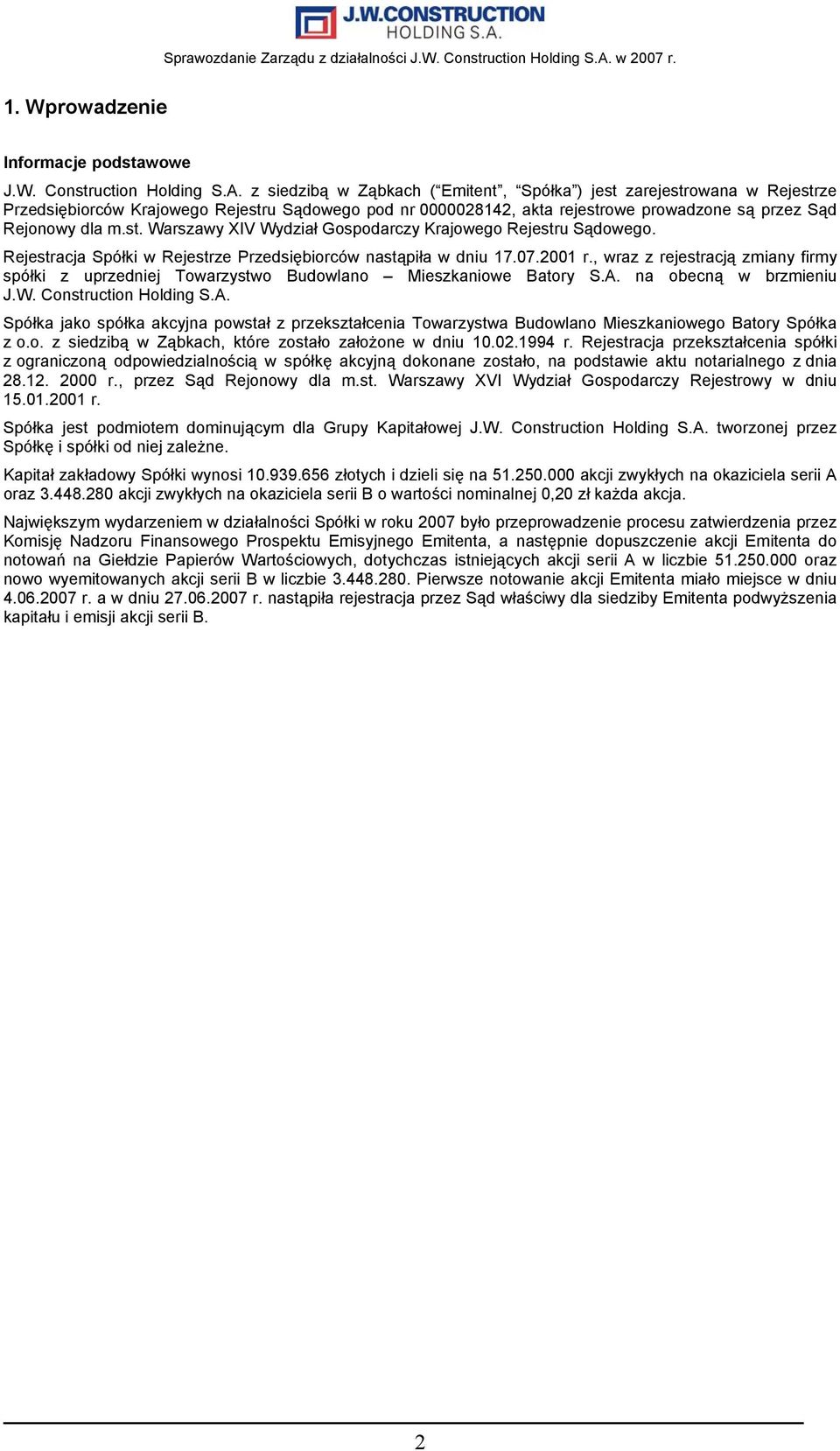 Rejestracja Spółki w Rejestrze Przedsiębiorców nastąpiła w dniu 17.07.2001 r., wraz z rejestracją zmiany firmy spółki z uprzedniej Towarzystwo Budowlano Mieszkaniowe Batory S.A.