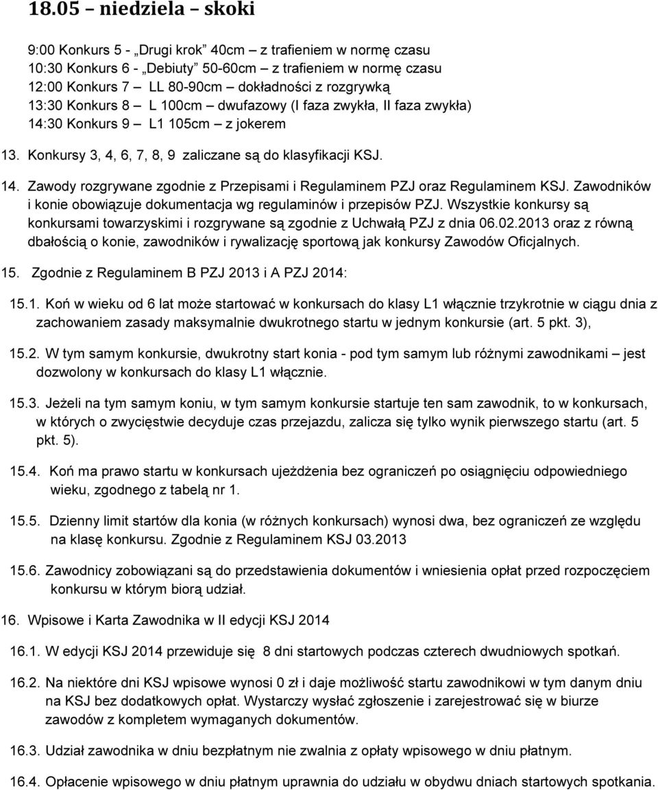 Zawodników i konie obowiązuje dokumentacja wg regulaminów i przepisów PZJ. Wszystkie konkursy są konkursami towarzyskimi i rozgrywane są zgodnie z Uchwałą PZJ z dnia 06.02.